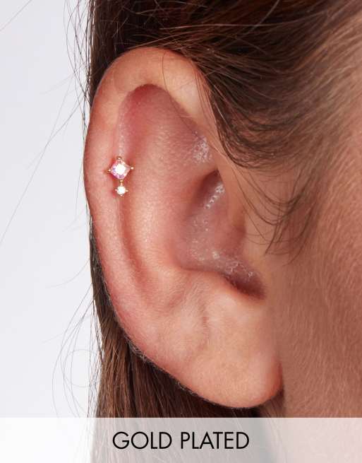 Piercing con diseño doble de cuadrados multicolores y barra de titanio de 6 mm chapado en oro de With Bling 