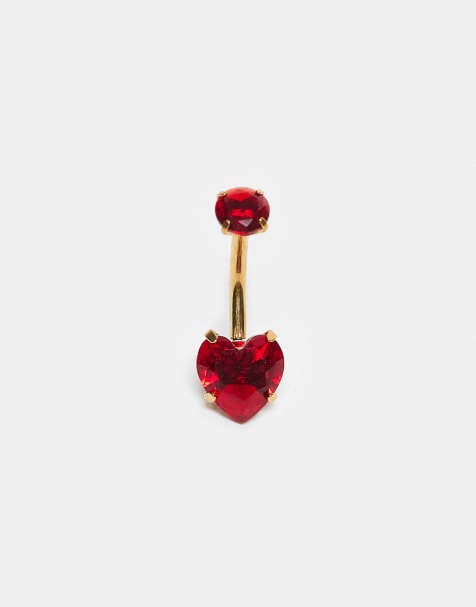 Piercing para el ombligo chapado en oro con cristal rojo en forma de corazón de Kingsley Ryan - view 1