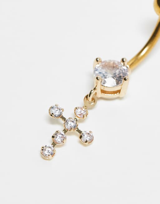 Piercing para el ombligo chapado en oro con cruz de cristales de Kingsley Ryan, 2 de 3