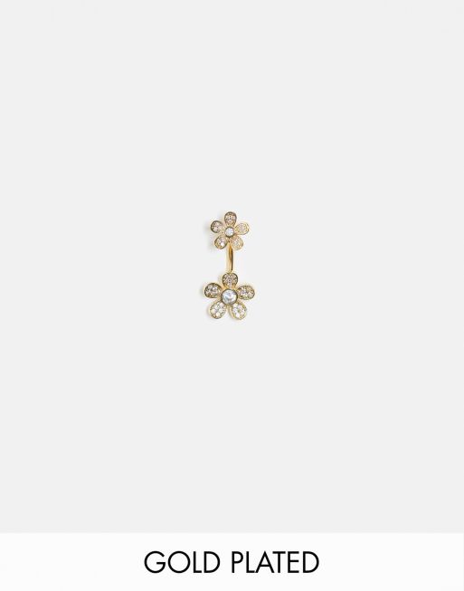 Piercing para el ombligo chapado en oro con dos flores de cristales de Kingsley Ryan