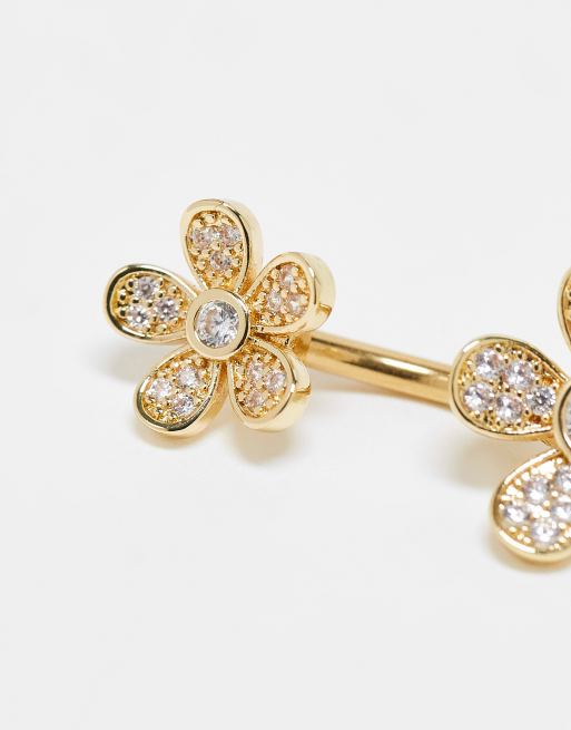 Piercing para el ombligo chapado en oro con dos flores de cristales de Kingsley Ryan, 3 de 4