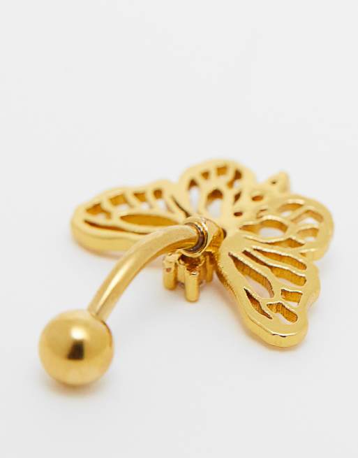Piercing para el ombligo con forma de mariposa de plata de ley chapado en oro de Kingsley Ryan, 3 de 4