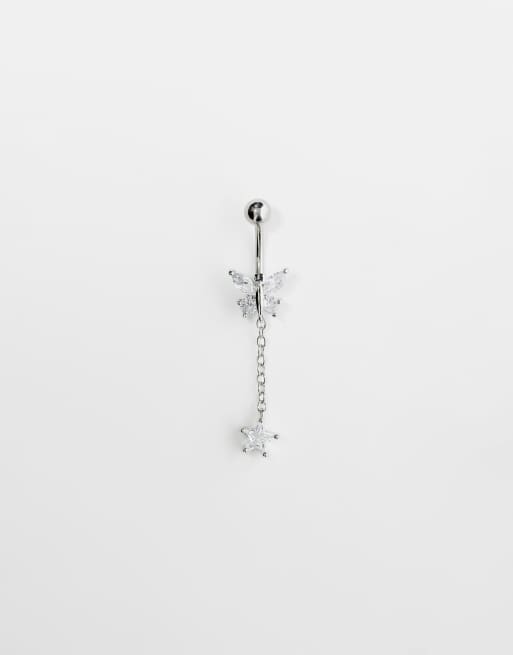 Piercing para el ombligo de plata de ley con detalle en forma de mariposa y cristales de Kingsley Ryan