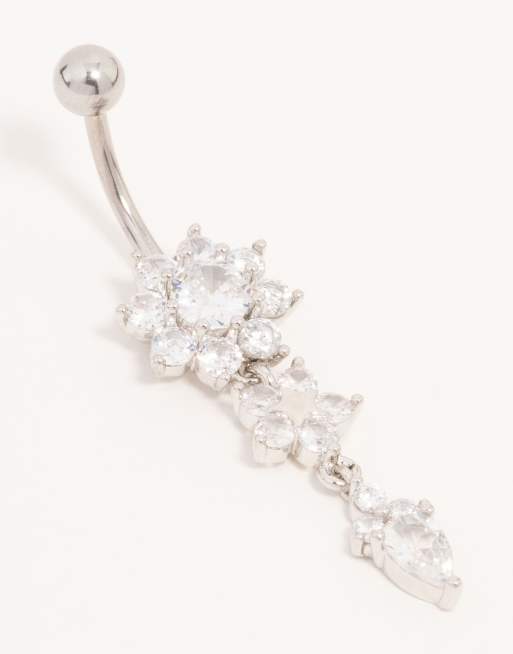 Piercing para el ombligo plateado con diseño de tres flores con circonitas de acero quirúrgico chapado en rodio de Lovisa