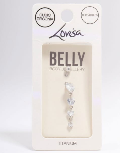 Piercing para el ombligo plateado de titanio con diseño de corazones de circonita de Lovisa - view 1