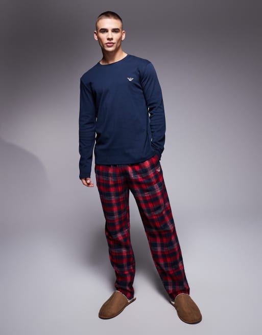 Pijama azul marino y rojo a cuadros con pantalones largos de tejido cepillado Bodywear de Emporio Armani