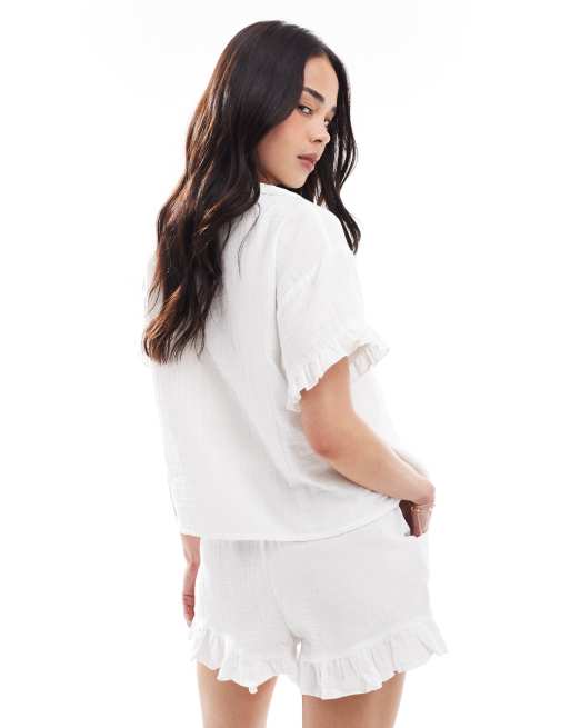 Pijama blanco con ribete de volantes de tejido doble de New Look, 2 de 4