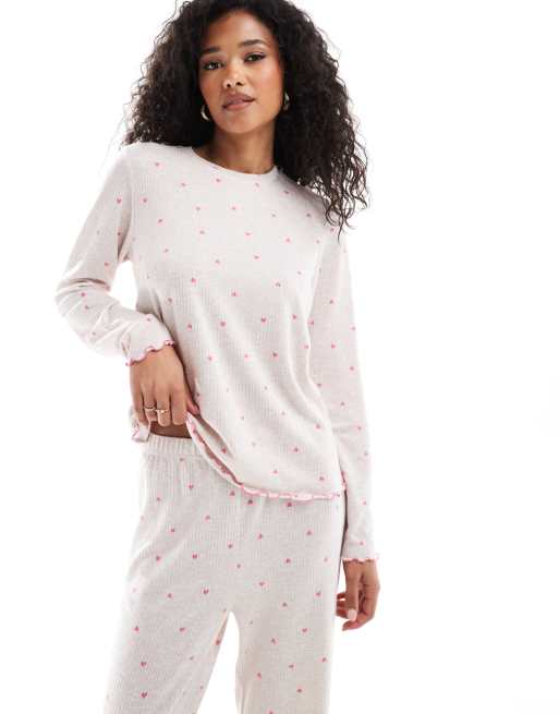 Pijama color avena jaspeado con estampado de corazones de canalé supersuave de Loungeable, 2 de 4