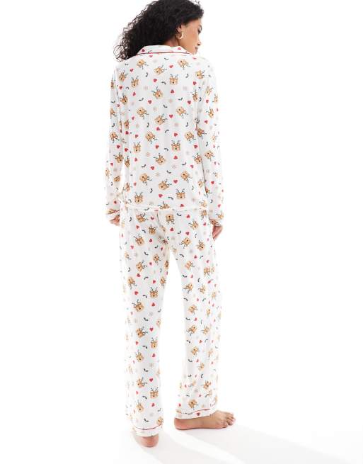 Pijama color crema de Navidad con estampado de renos de punto liso de Loungeable , 3 de 4