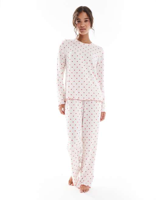 Pijama color crema jaspeado con estampado de corazones de pantalones y top de manga larga de canalé cepillado de Loungeable