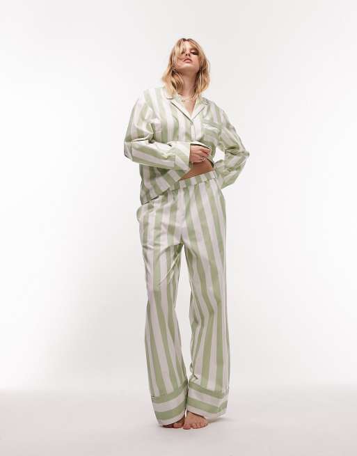 Pijama color salvia de camisa y pantalones a rayas con ribetes de algodón de Topshop 
