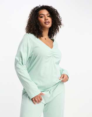 Pijama color salvia de top de manga larga con ribete de puntilla de algodón Mix & Match de ASOS DESIGN Curve
