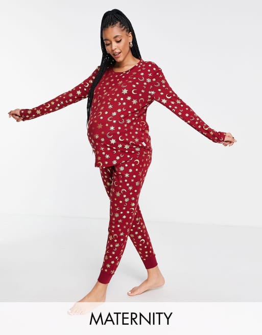 Pijama color vino de top de manga larga y joggers con estampado celestial dorado metalizado de poliéster de Chelsea Peers Maternity - BURGUNDY