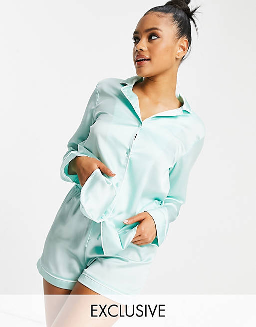 Pijama corto color menta con detalle de texto estampado de Missguided