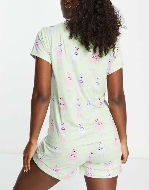 Pijama corto verde claro con estampado de robots de Chelsea Peers, 2 de 4