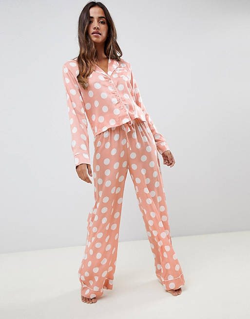 Alfombra de pies enchufe Hambre Pijama de camisa y pantalón de pernera ancha de lunares en 100% modal de  ASOS DESIGN | ASOS