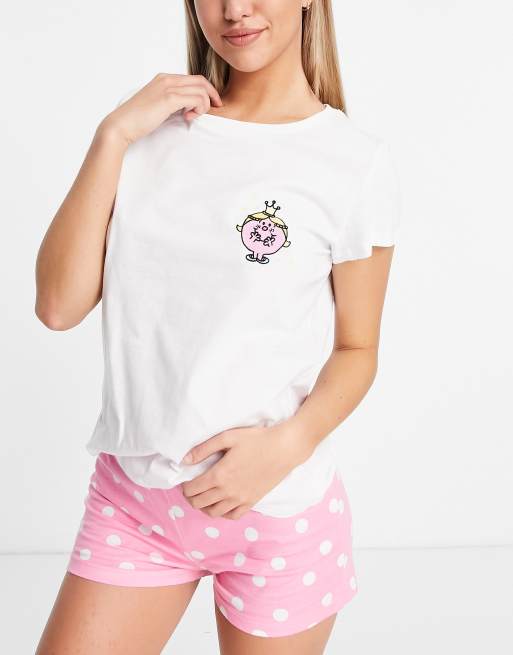 Pijama de camiseta y pantalones cortos rosas con estampado de lunares y estampado de Little Miss Beauty