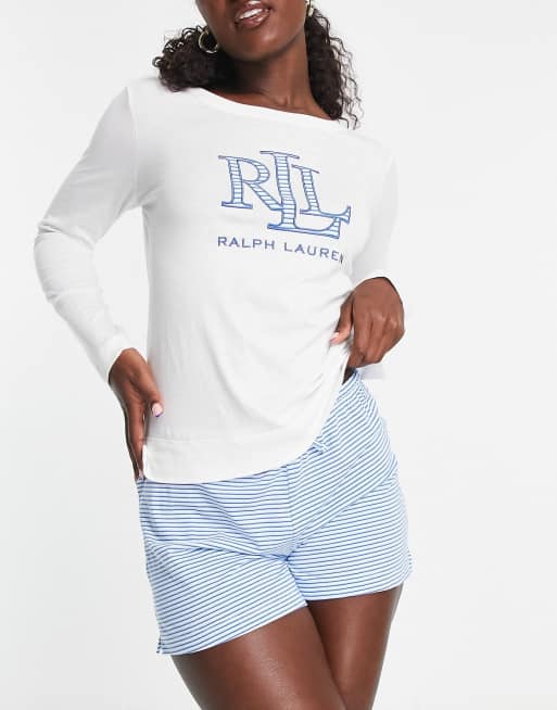 Pijama de pantalones cortos tipo bóxer a rayas azules con logo de Lauren by Ralph Lauren