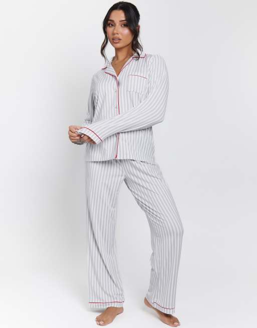 Pijama gris a rayas de pantalones largos y camisa abotonada para mujer de Loungeable