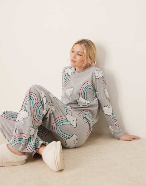 Pijama gris jaspeado de pantalones y top de manga larga con estampado de arcoíris de ASOS DESIGN - view 1
