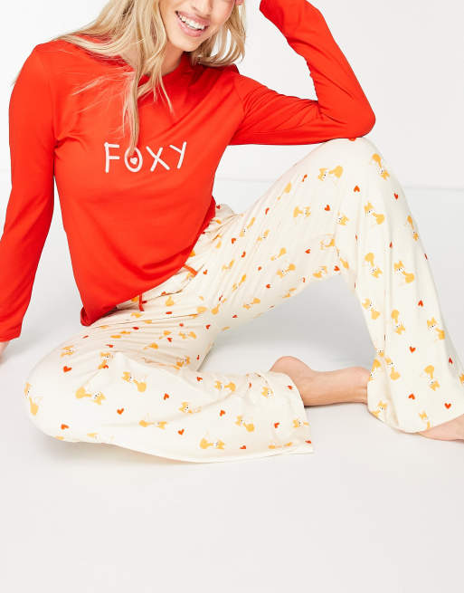 Pijama largo color crema y rojo con estampado de zorros de Loungeable
