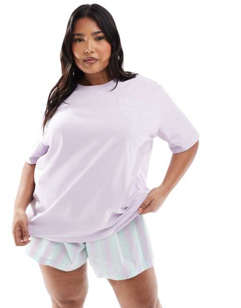 Pijama lila de camiseta extragrande y pantalones cortos estilo bóxer a rayas de ASOS DESIGN Curve - view 1