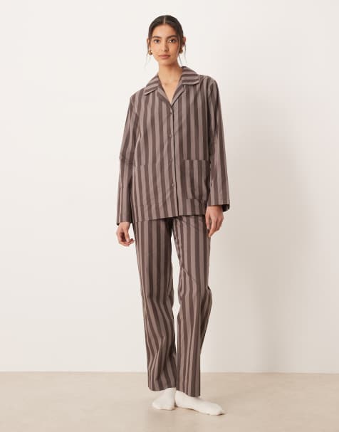 Pijama marrón a rayas de camisa y pantalones de Mango - view 1