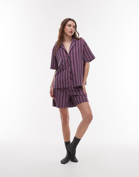 Pijama morado a rayas a tono de algodón de Mango - view 1
