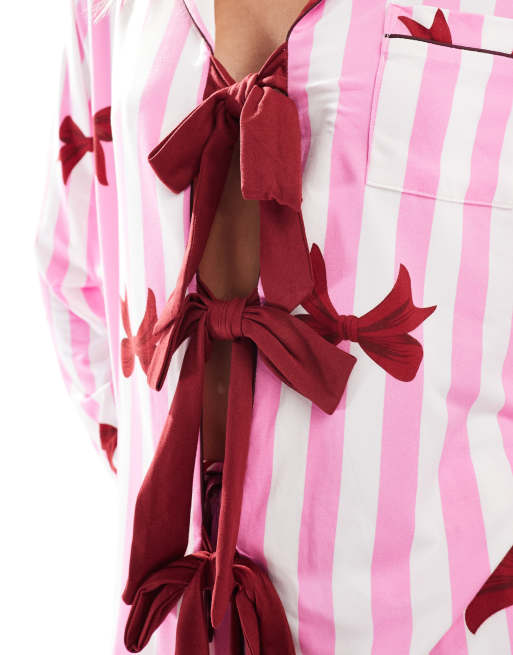 Pijama rosa a rayas con estampado de lazos de tejido muy suave de punto liso de Loungeable Tall, 3 de 4