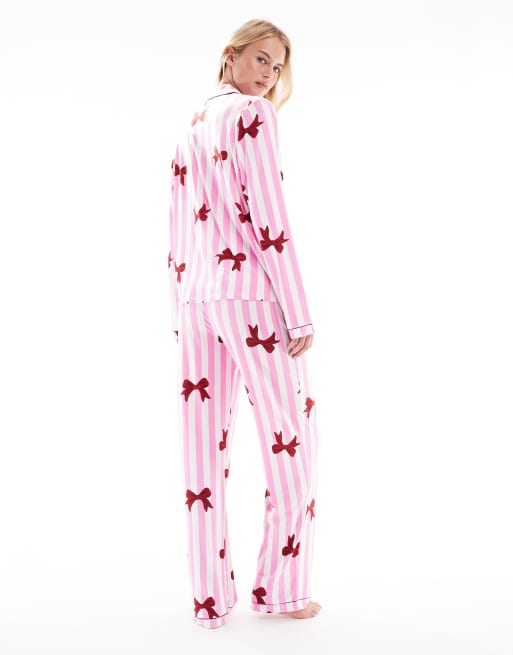 Pijama rosa a rayas con estampado de lazos de tejido muy suave de punto liso de Loungeable Tall, 4 de 4