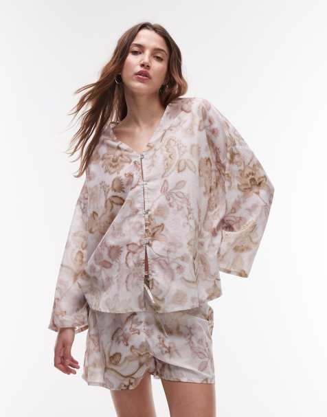 Pijama rosa con estampado botánico de pantalones cortos y camisa de algodón Mix & Match de Mango - view 1