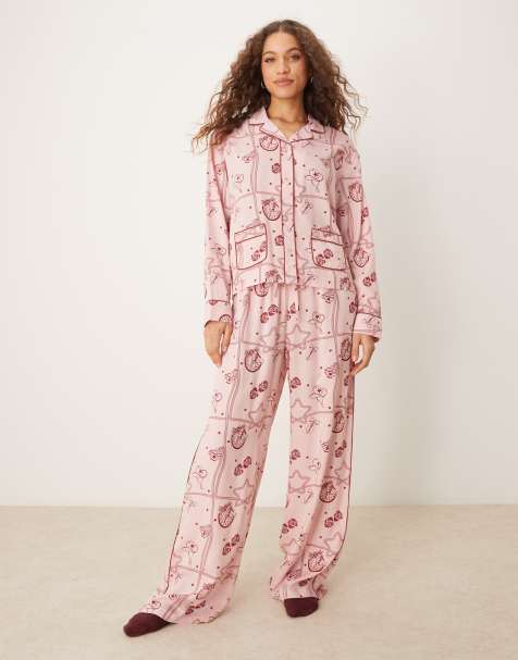 Pijama rosa de camisa y pantalones de pernera ancha con estampado de rodeo de modal de ASOS DESIGN - view 1