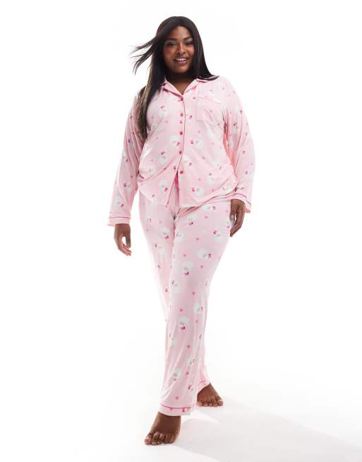 Pijama rosa y rojo de Navidad con estampado de Papá Noel de punto liso de Loungeable Curve, 2 de 4
