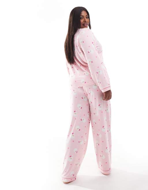 Pijama rosa y rojo de Navidad con estampado de Papá Noel de punto liso de Loungeable Curve, 3 de 4