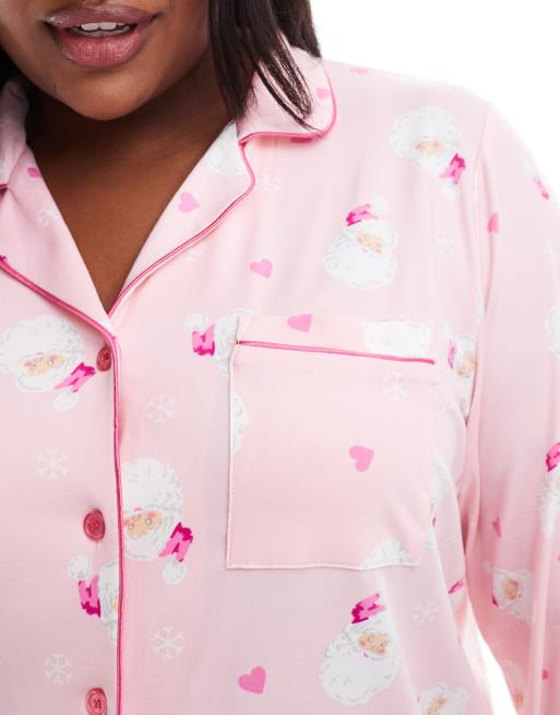 Pijama rosa y rojo de Navidad con estampado de Papá Noel de punto liso de Loungeable Curve, 4 de 4