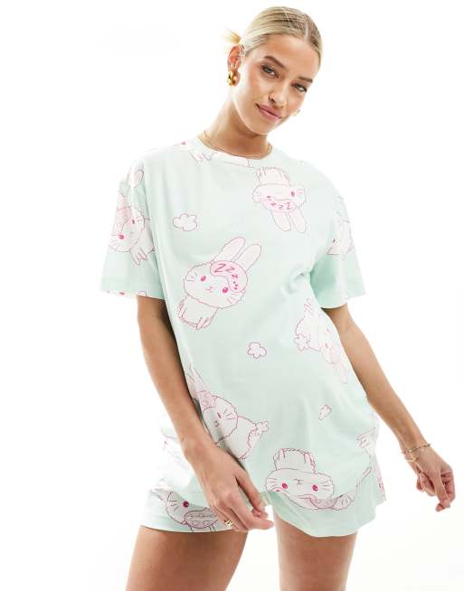 Pijama verde de camiseta extragrande y pantalones cortos con estampado de conejos de ASOS DESIGN Maternity