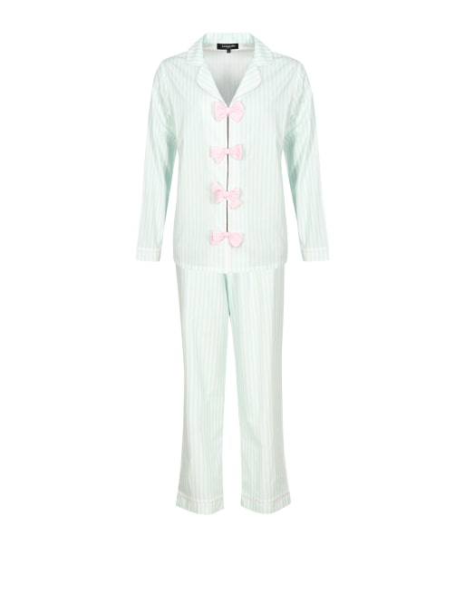 Pijama verde menta clásico a rayas de manga larga con detalle de lazos de Loungeable , 6 de 6