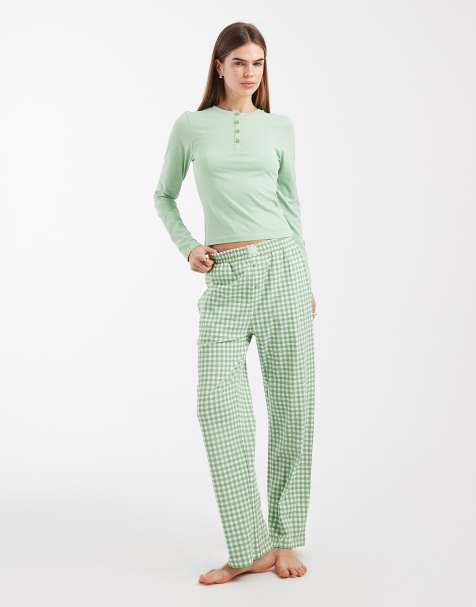 Pijama verde salvia de camiseta de manga larga con cuello panadero y pantalones a cuadros vichy de algodón de Brave Soul - view 1
