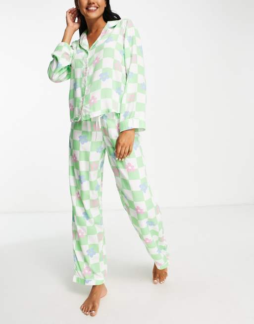 Pijama verde y blanco a cuadros dameros y flores de camisa de manga larga y pantalones de modal de ASOS DESIGN