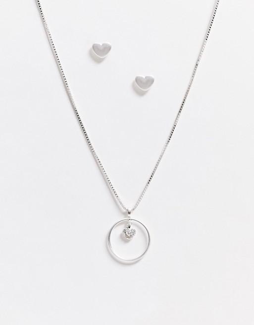 Pilgrim gifr set silver plated heart earrimgs and necklace in silver