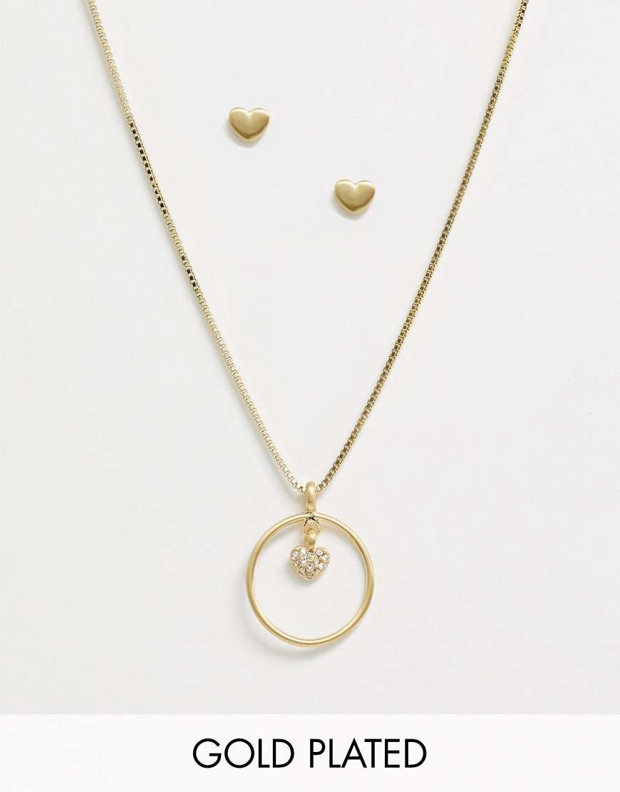 Pilgrim – Guldpläterat set med örhängen och halsband med hjärta och strass