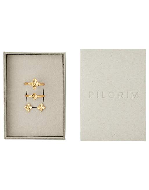 Pilgrim - Sanine - Set regalo con anelli e orecchini a bottone placcati oro, 2 di 4