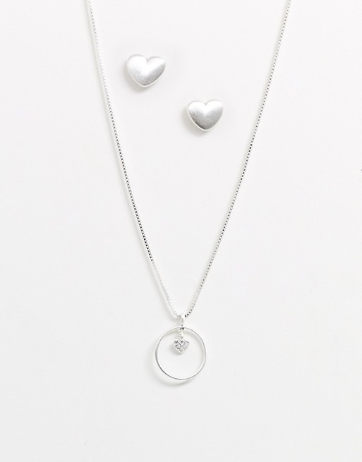 Pilgrim silver plated heart diamante earrings and necklace set