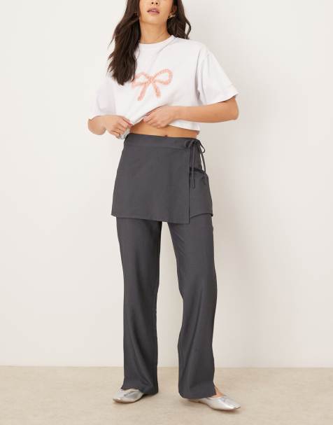 Pimkie 2 in 1 tie side skirt and straight leg trouser in grey - view 1