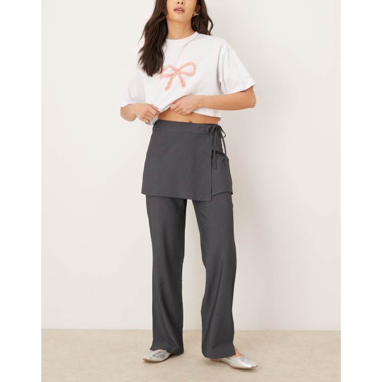 Pimkie 2 in 1 tie side skirt and straight leg trouser in