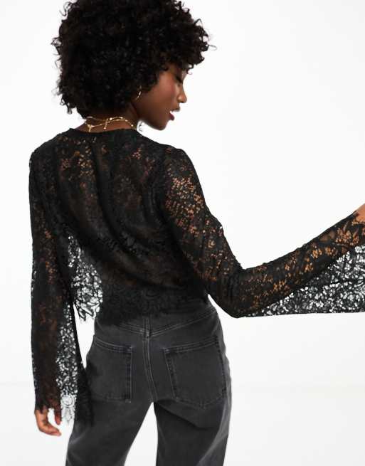 Pimkie applique lace flared sleeve blouse in black