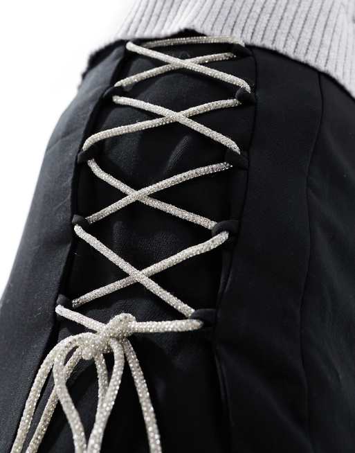 Pimkie asymmetric skort with embellished lace up in black, 3 of 5