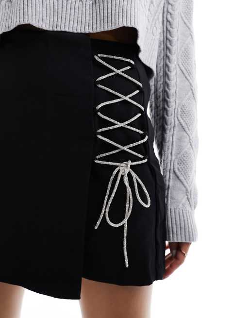 Pimkie asymmetric skort with embellished lace up in black, 5 of 5