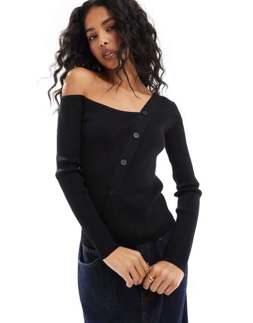 Pimkie - Asymmetrische sweater met bardothals en knopen in zwart