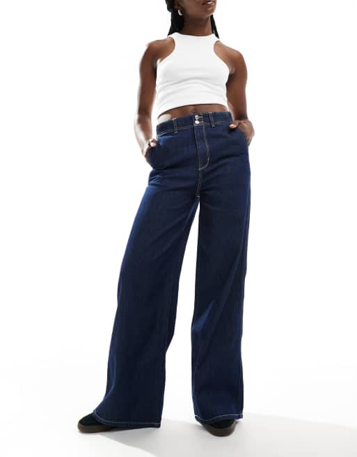 Pimkie - Baggy jeans met wijde pijpen en contrasterende stiksels in gespoeld blauw